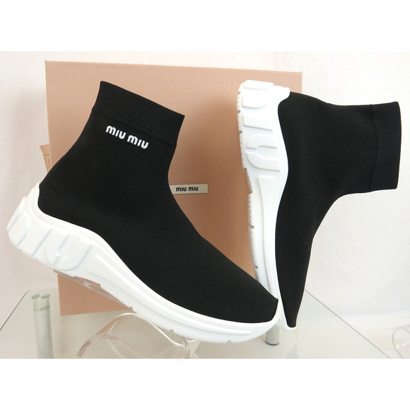 MIU MIU PRADA 5T664C BLACK KNIT WHITE LOGO PULL ON HIGH TOP SOCK SNEAKERS 41